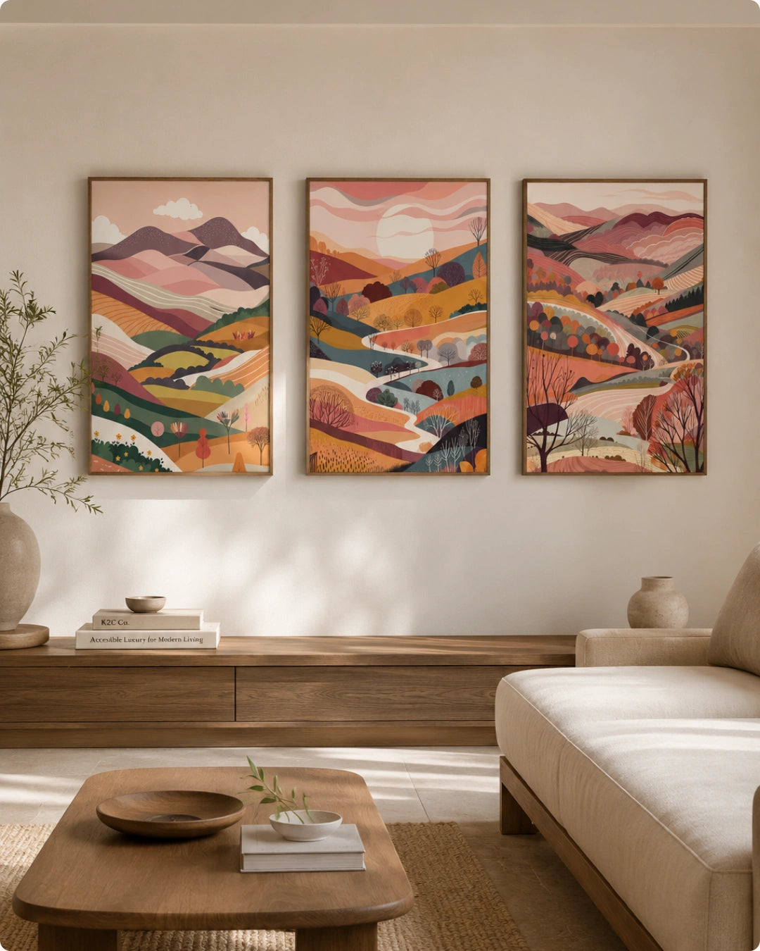 Three framed landscape art prints with warm autumnal colors hang on a beige wall above a wooden console in a styled living room with a sofa and coffee table.