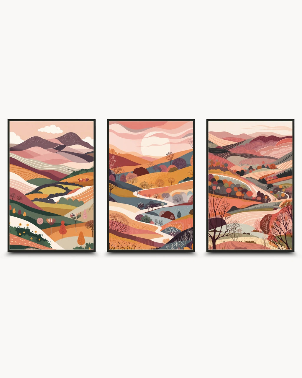A three-panel framed wall art set showing stylized autumn mountain landscapes in warm peach, orange, pink, beige, and brown tones, displayed against a light gray background.