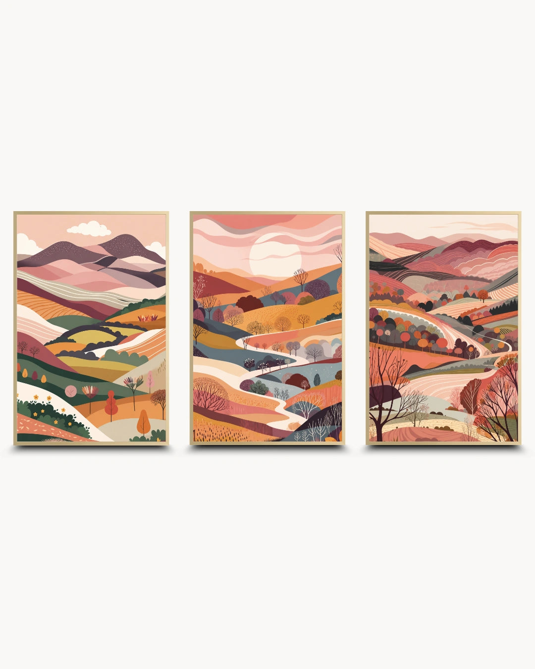 Triptych modern minimalist nature prints featuring abstract rolling hills, a winding river, and a setting sun, presented in Satin Gold frames with a matte finish.