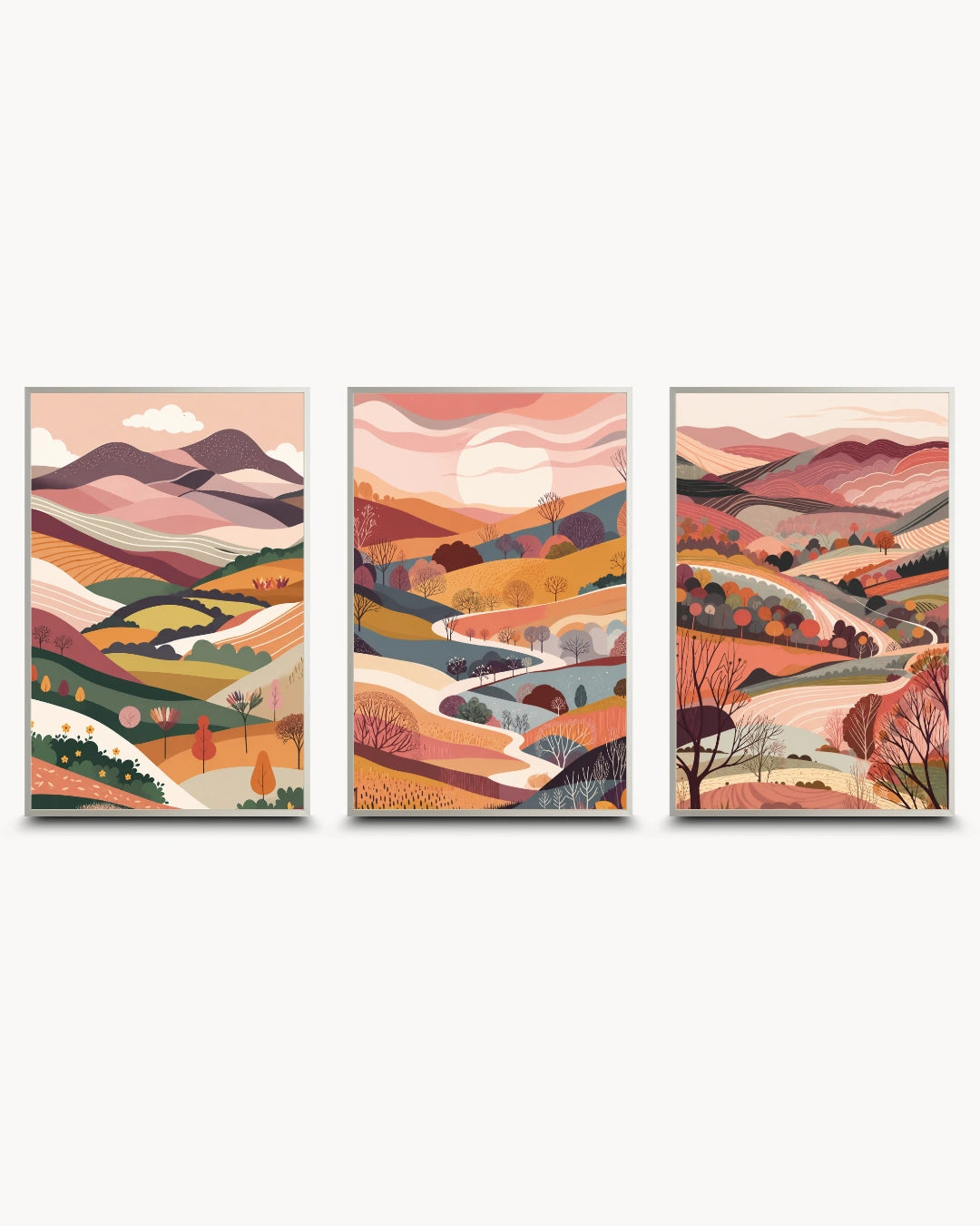 Triptych modern minimalist nature prints featuring abstract rolling hills, a winding river, and a setting sun, presented in silver frames with a matte finish.
