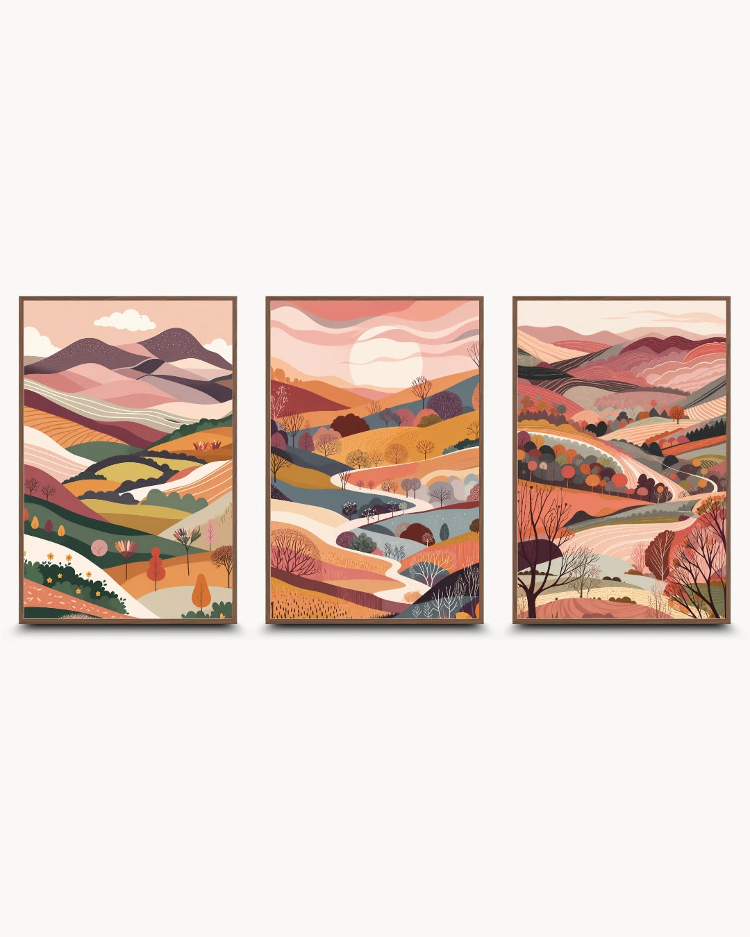 Triptych modern minimalist nature prints featuring abstract rolling hills, a winding river, and a setting sun, presented in Walnut Wood frames with a matte finish.