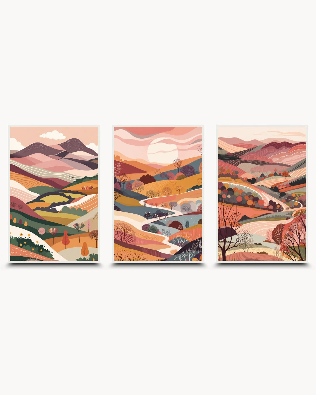 Triptych modern minimalist nature prints featuring abstract rolling hills, a winding river, and a setting sun, presented in white frames with a matte finish.