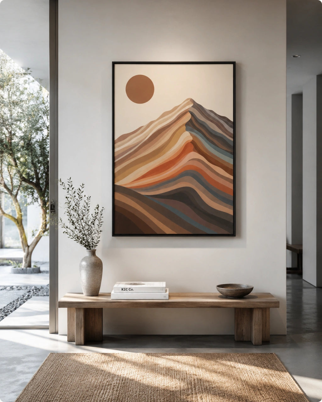 A framed abstract landscape art print featuring layered mountain-like hills and a sun in warm earthy tones, displayed on a light wall above a wooden cabinet in a styled interior room.
