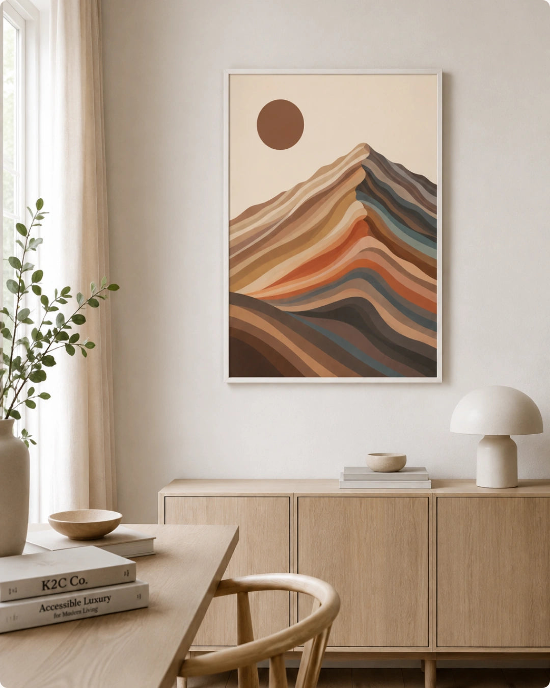 A framed abstract landscape art print featuring layered mountain-like hills and a sun in warm earthy tones, displayed on a light wall above a wooden cabinet in a styled interior room.