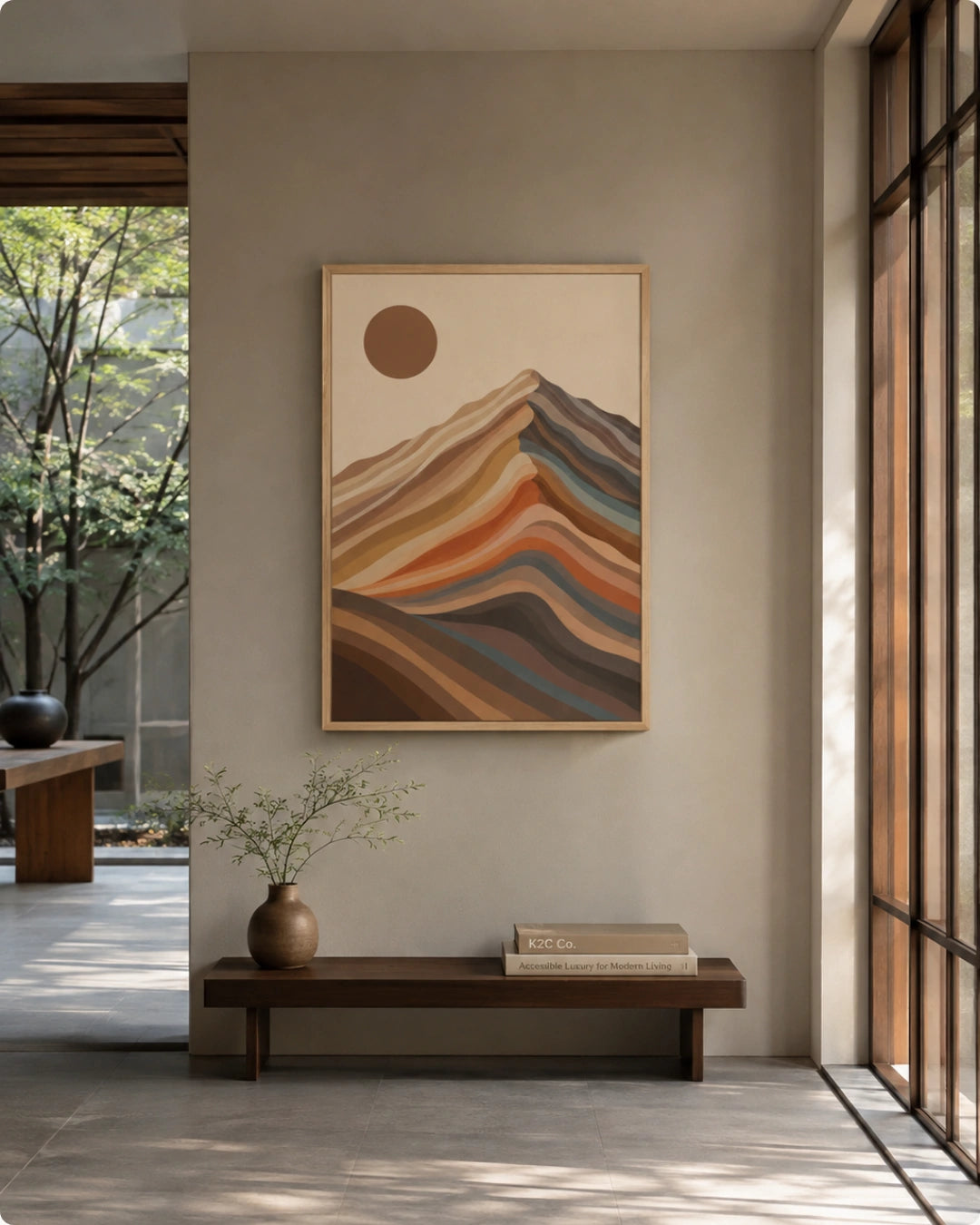 A framed abstract landscape art print featuring layered mountain-like hills and a sun in warm earthy tones, displayed on a light wall above a wooden cabinet in a styled interior room.