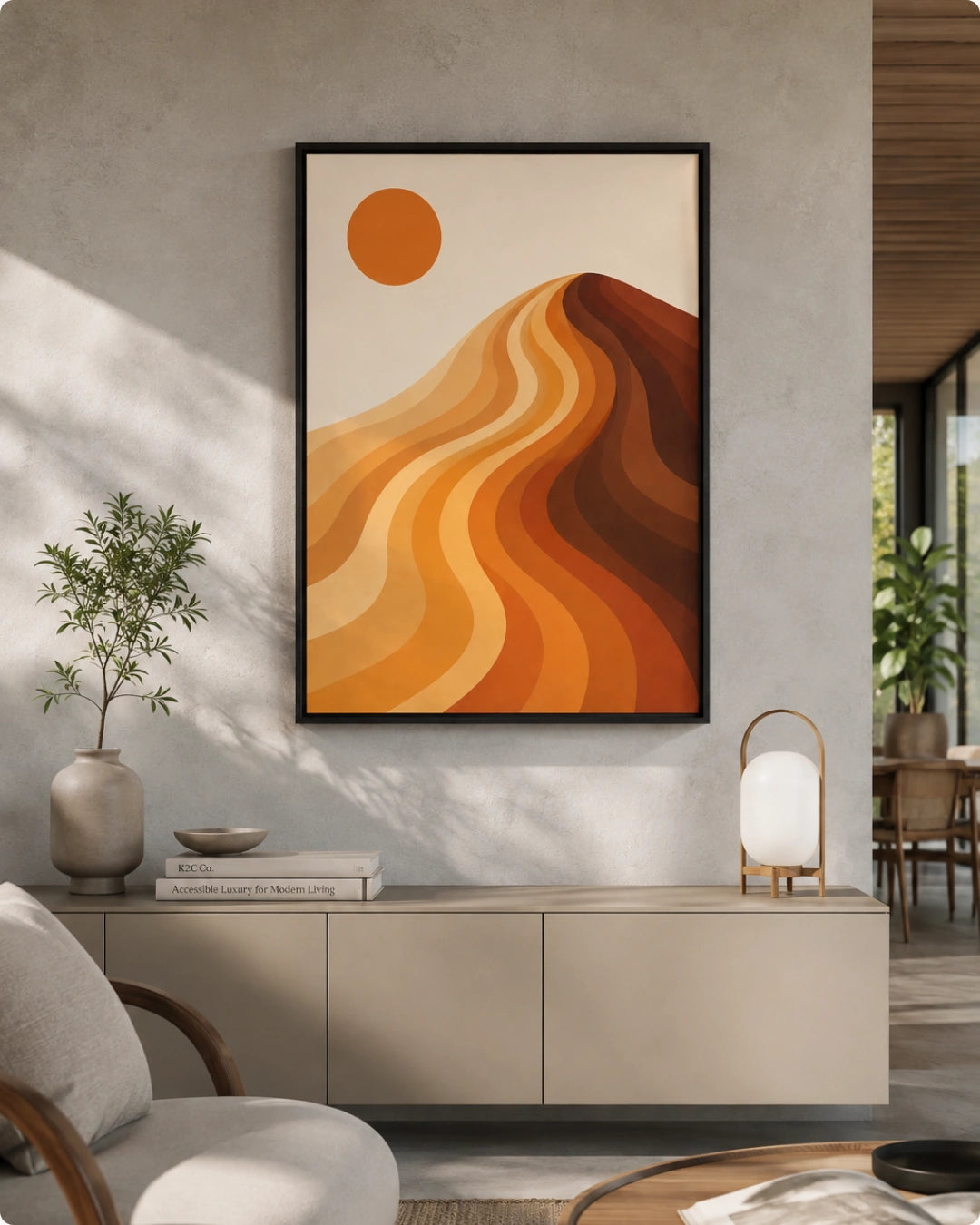 Lifestyle mockup of the minimalist desert wall art in a black frame styled above a light wooden cabinet in a minimalist room.