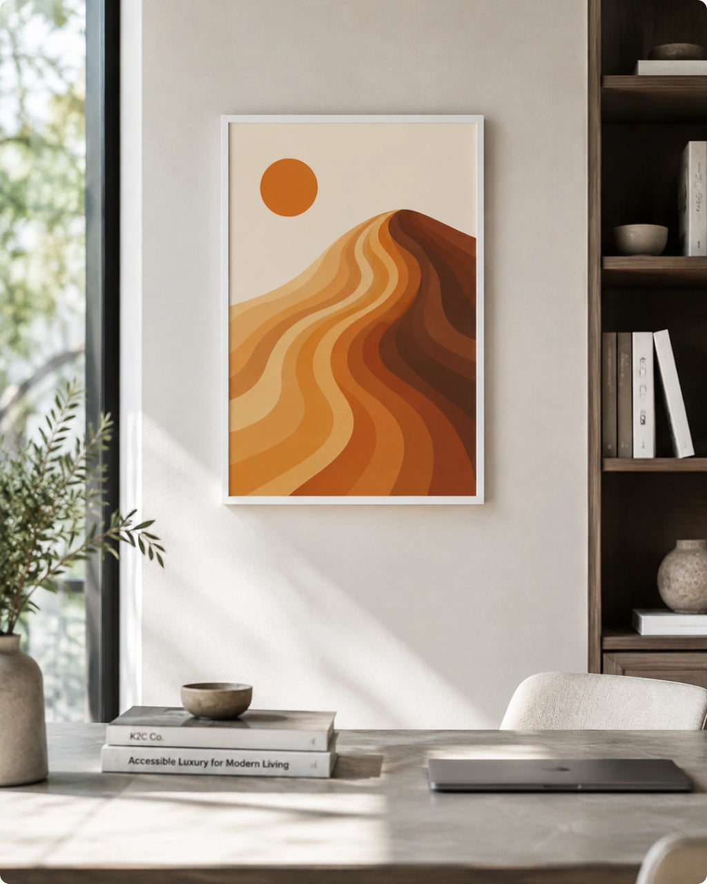 A framed minimalist art print featuring a stylized desert landscape with wavy orange and brown hills under a solid orange sun, displayed on a light gray wall in a modern, sunlit room with a desk, laptop, and shelving.