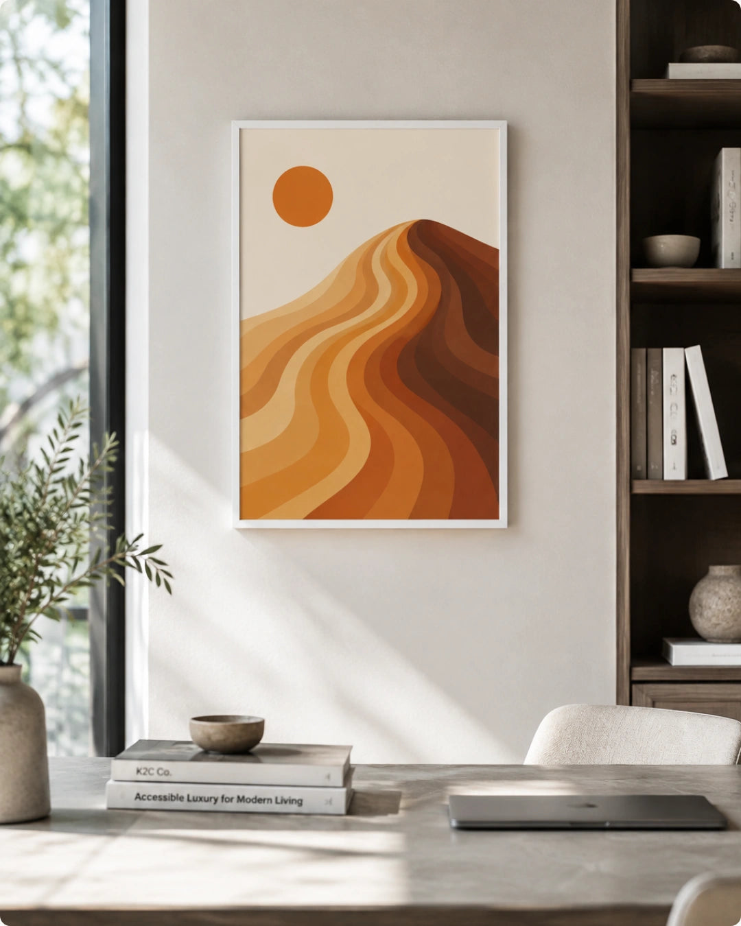 A framed minimalist art print featuring a stylized desert landscape with wavy orange and brown hills under a solid orange sun, displayed on a light gray wall in a modern, sunlit room with a desk, laptop, and shelving.