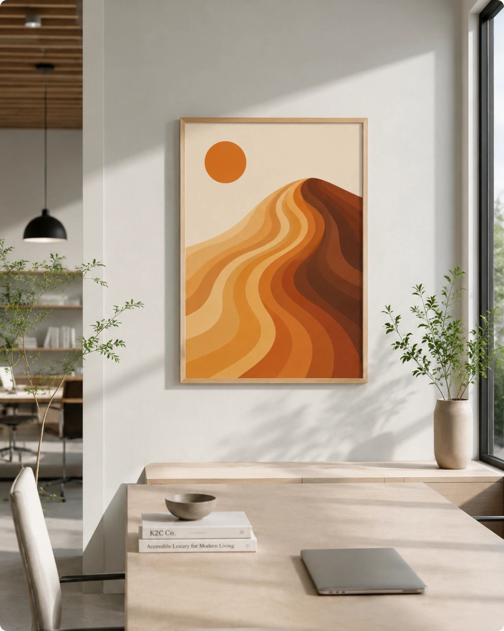 A framed abstract desert landscape art print hangs on a white wall in a modern, sunlit dining room. The print features layered wavy hills in shades of orange, brown, and beige with a simple orange sun in the upper left.