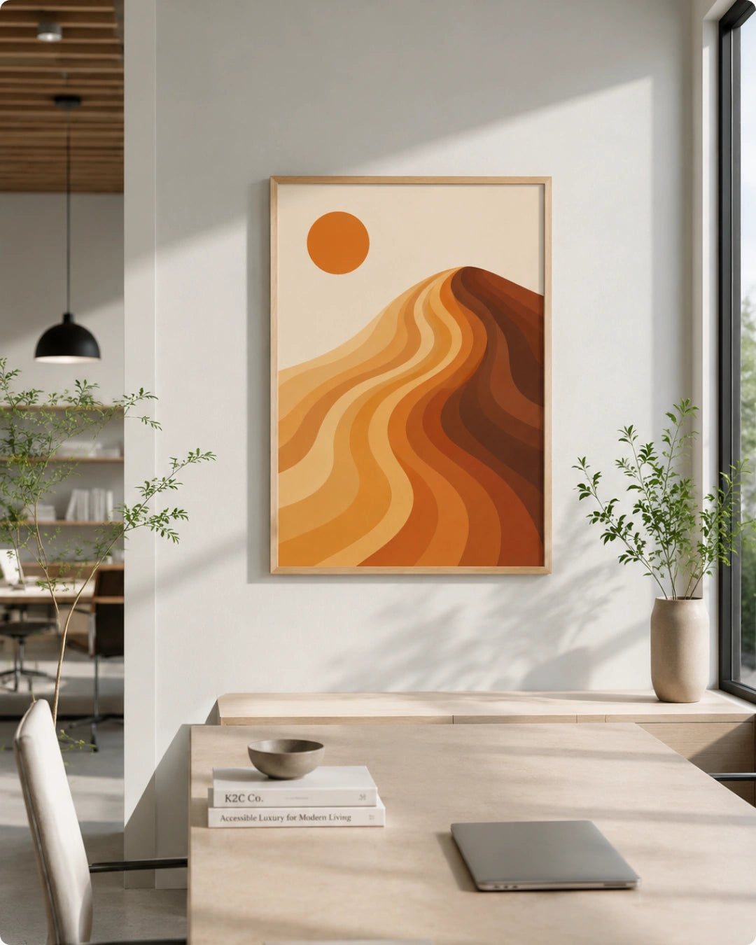 A framed abstract desert landscape art print hangs on a white wall in a modern, sunlit dining room. The print features layered wavy hills in shades of orange, brown, and beige with a simple orange sun in the upper left.