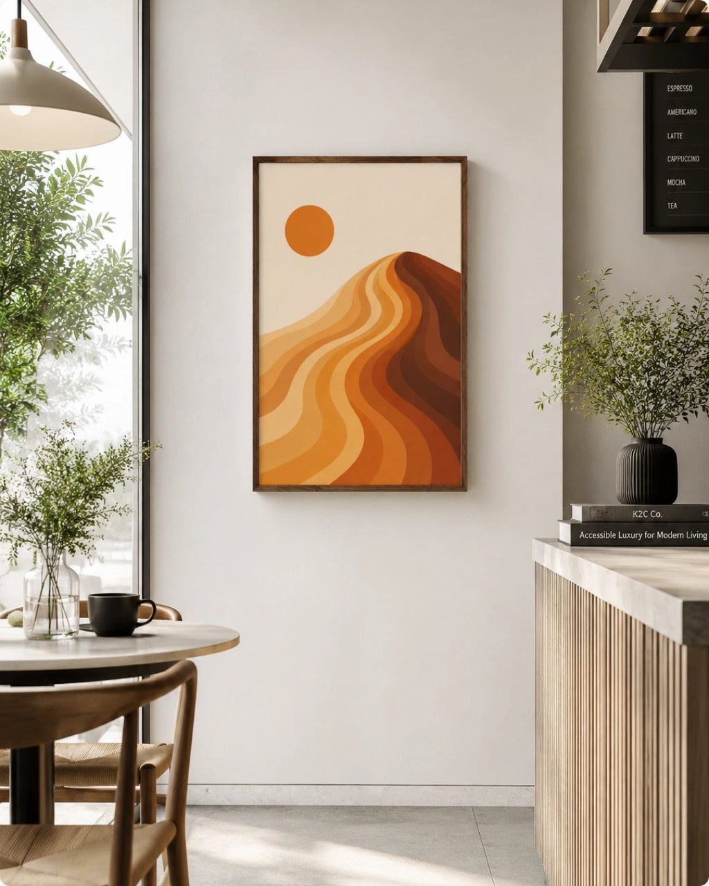 A framed abstract desert landscape wall art print hangs on a light gray wall in a modern dining room setting. The artwork features layered wavy hills in shades of orange, brown, and beige with a simple orange sun in the upper left.