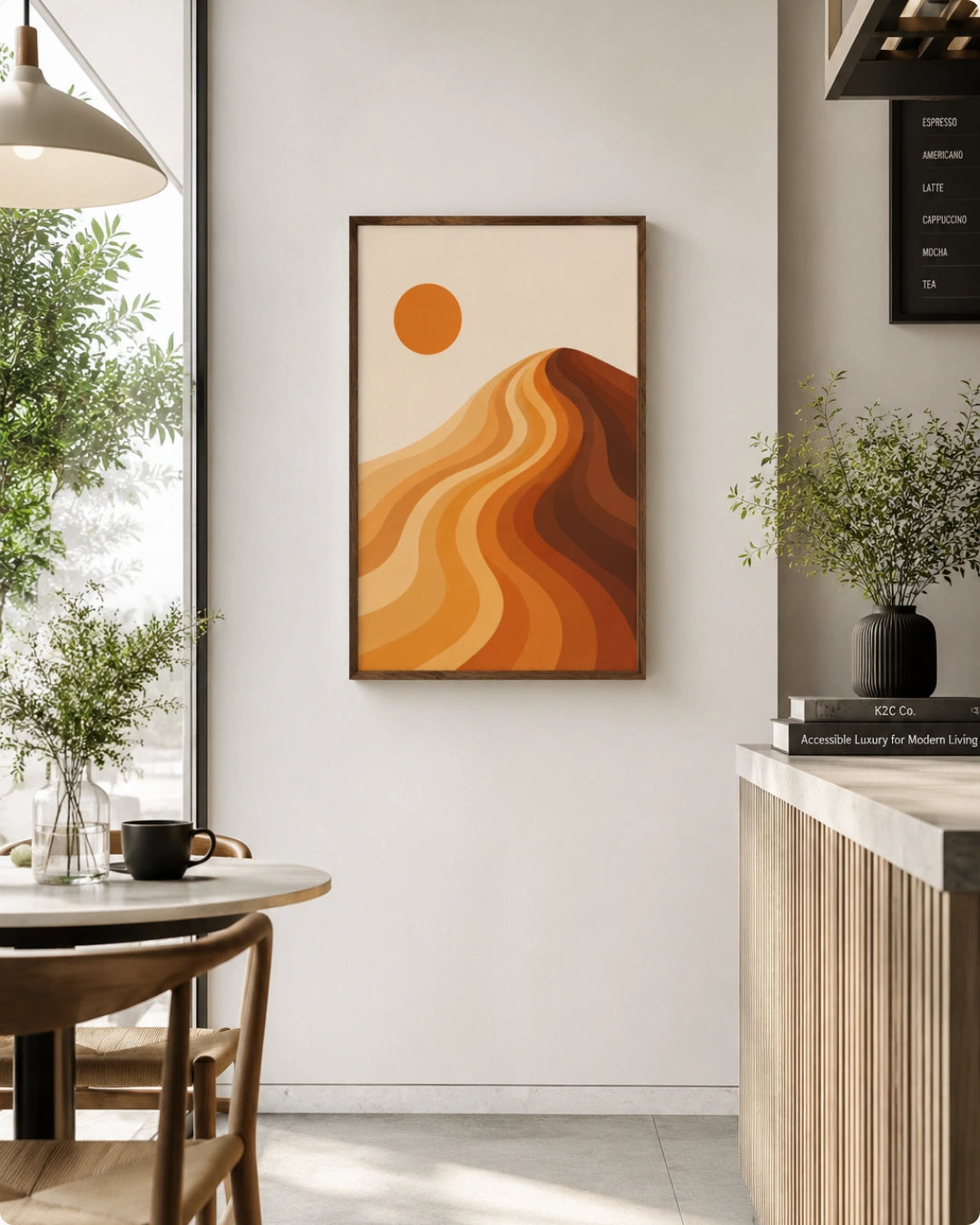 A framed abstract desert landscape wall art print hangs on a light gray wall in a modern dining room setting. The artwork features layered wavy hills in shades of orange, brown, and beige with a simple orange sun in the upper left.