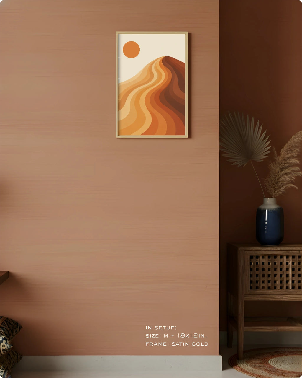 Visual size guide mockup for the japandi landscape wall art in Medium size with a gold frame displayed against a terracotta accent wall.