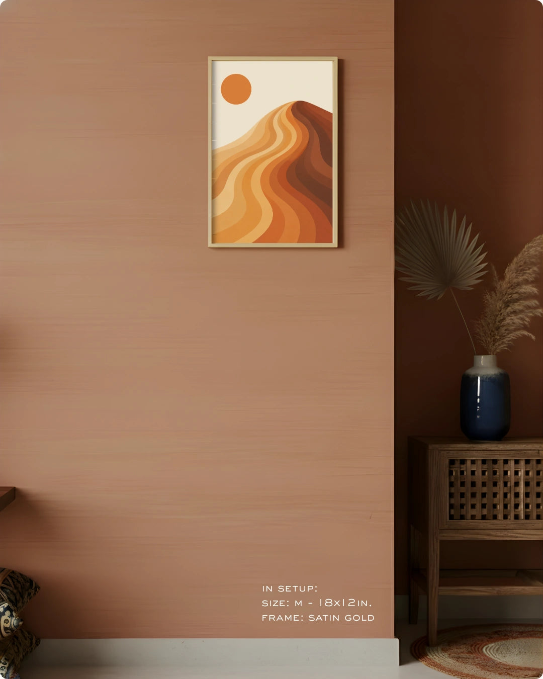 Visual size guide mockup for the japandi landscape wall art in Medium size with a gold frame displayed against a terracotta accent wall.