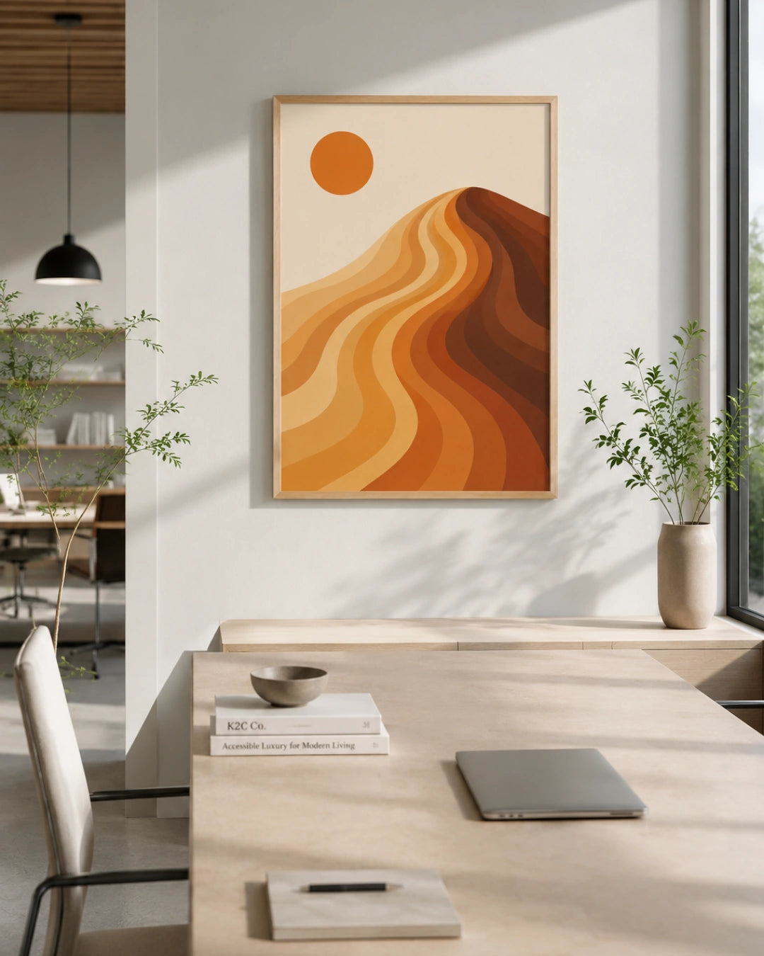 Alternate lifestyle interior mockup of the abstract minimalist landscape canvas in a white frame hung above a sleek modern desk near a window.