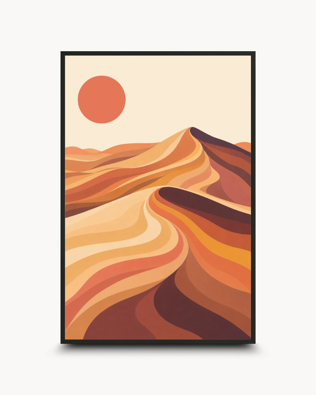 Minimalist abstract landscape wall art featuring flowing sand dunes in warm terracotta tones with a bold sun, presented in a black frame.
