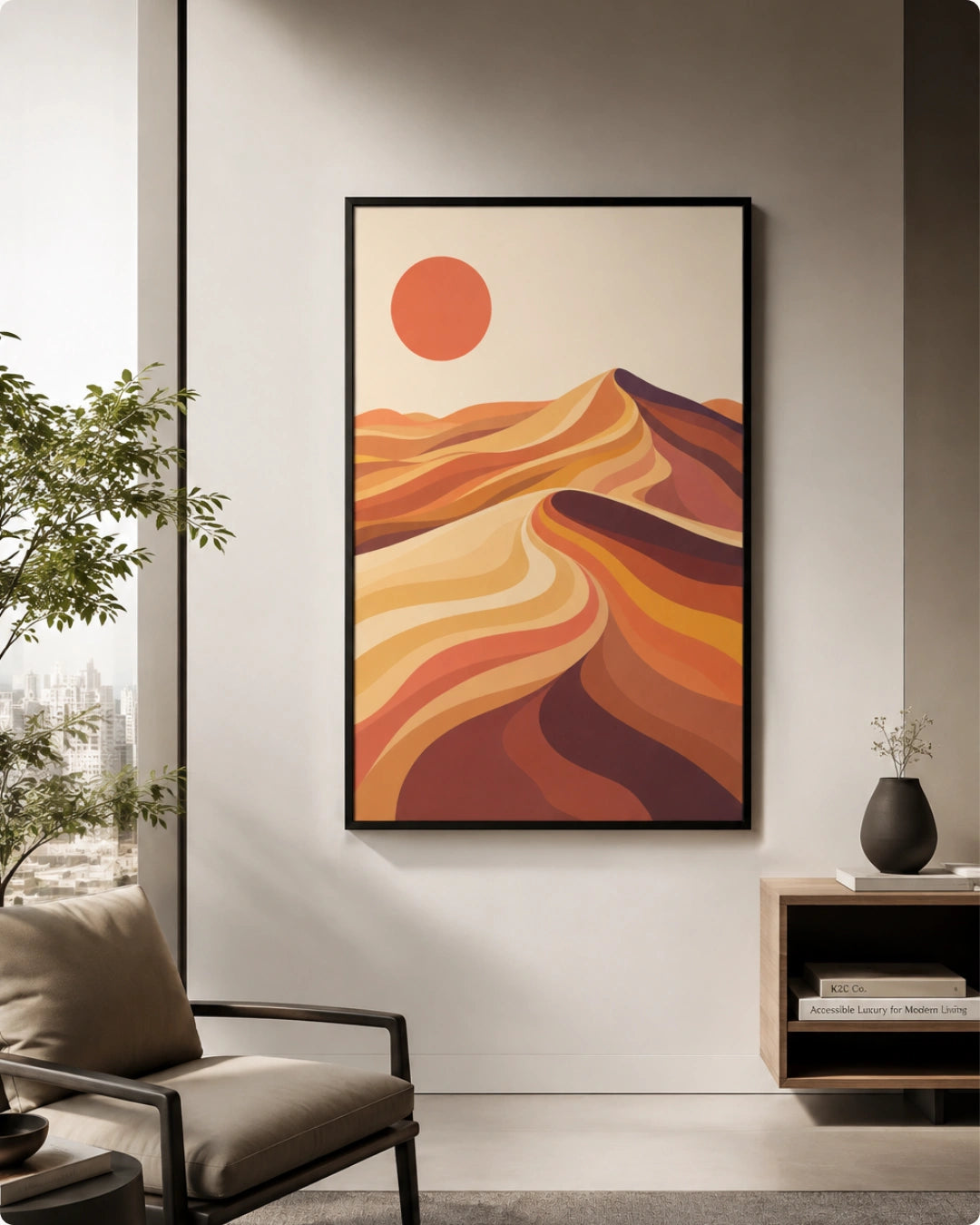 Lifestyle mockup of the minimalist desert wall art in a black frame styled near a modern accent chair and a low wooden console.