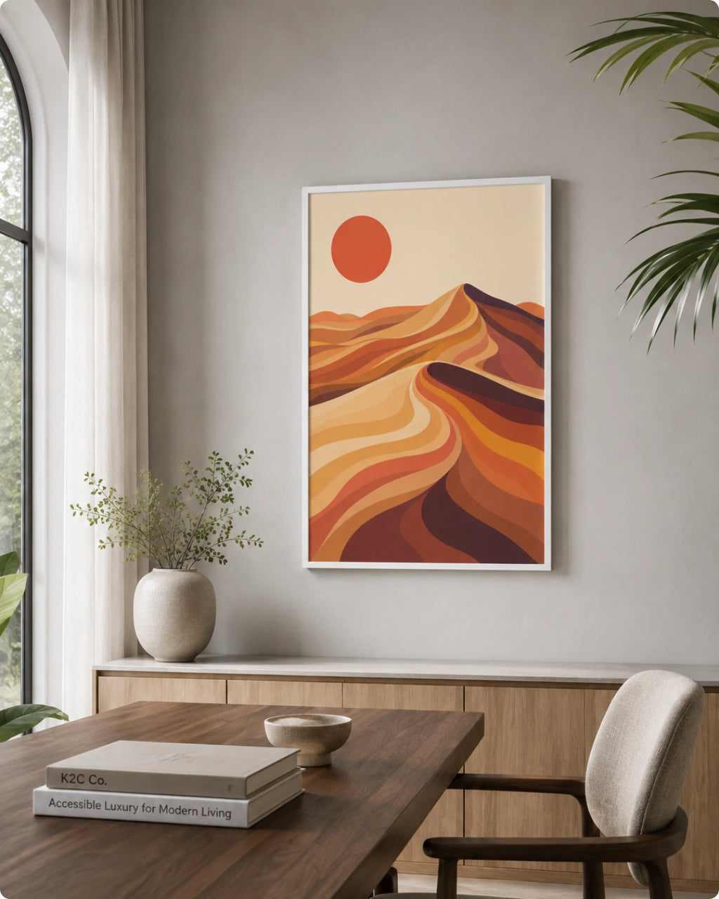 A framed art print featuring a stylized desert landscape with rolling orange and brown hills under a red sun, displayed on a light gray wall in a modern, sunlit room with a wooden table, chair, and potted plant.