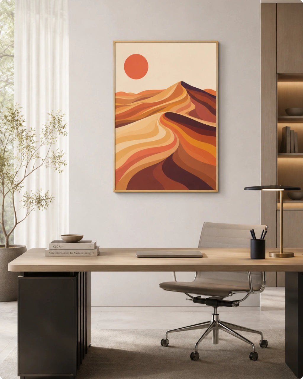 A framed abstract desert landscape wall art print hangs above a modern wooden desk in a bright, contemporary home office. The artwork features layered orange, yellow, and brown hills under a solid orange sun on a cream background, enclosed in a light wood frame.