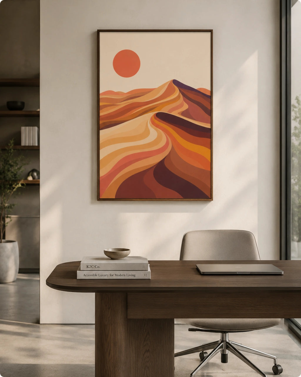 A framed art print featuring a stylized desert landscape with rolling orange and brown hills under a red sun, displayed on a light gray wall in a modern, sunlit room with a wooden table, chair, and potted plant.