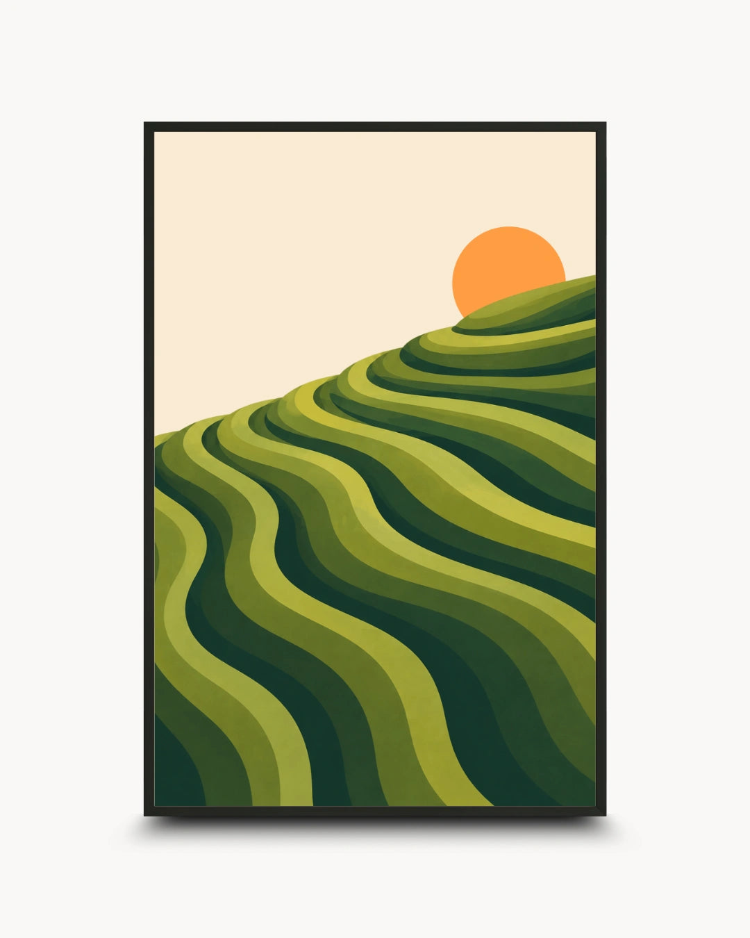 A framed minimalist landscape art print featuring green terraced hills under a beige sky and orange sun, displayed on a clean white background.