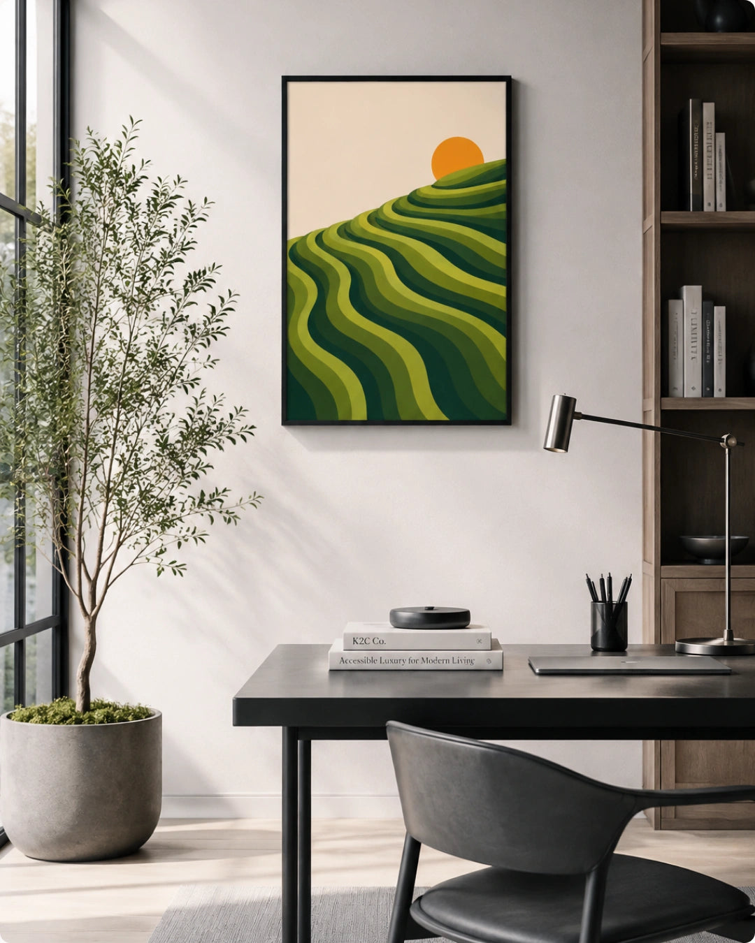 A framed abstract landscape art print featuring green terraced hills and a yellow sun on a cream background, displayed on a light gray wall in a modern home office setting with a desk, chair, and potted plant.