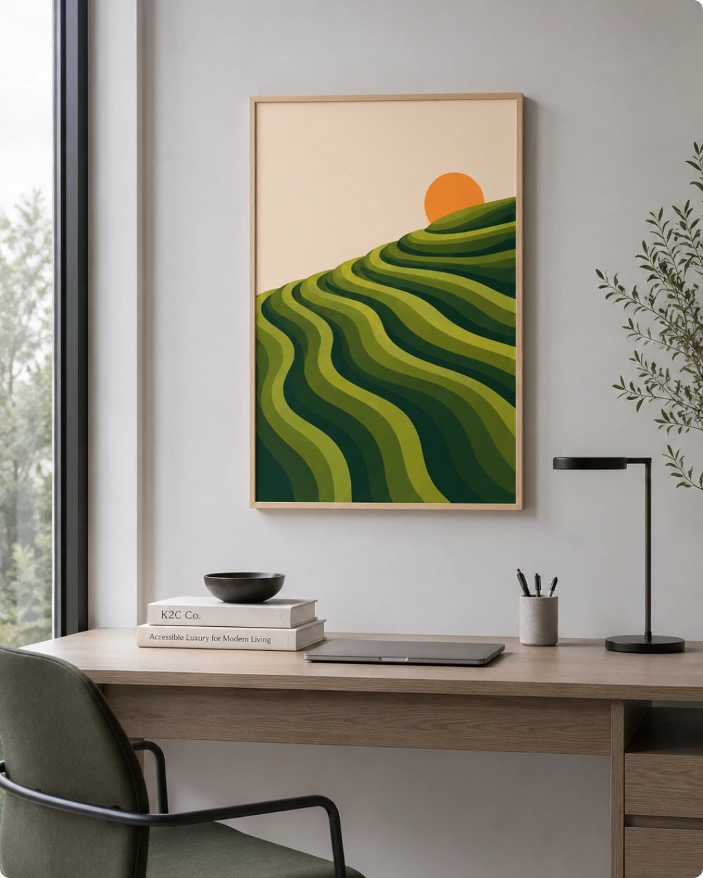 A framed abstract landscape art print featuring green terraced hills and a yellow sun on a cream background, displayed on a light gray wall in a modern home office setting with a desk, chair, and potted plant.