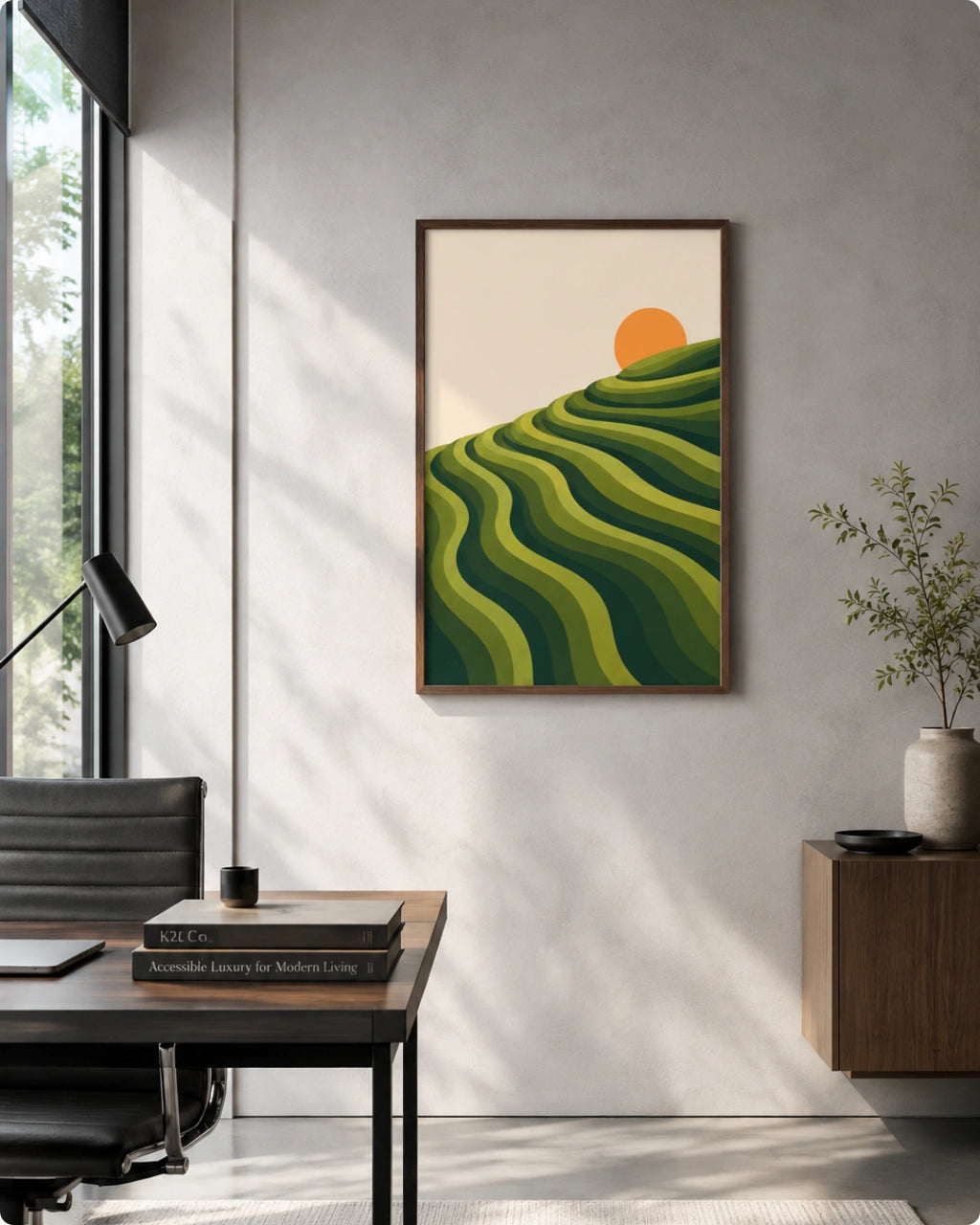 A framed art print depicting green terraced hills under an orange sun, displayed on a light gray wall in a modern office setting with a desk, chair, and side cabinet.