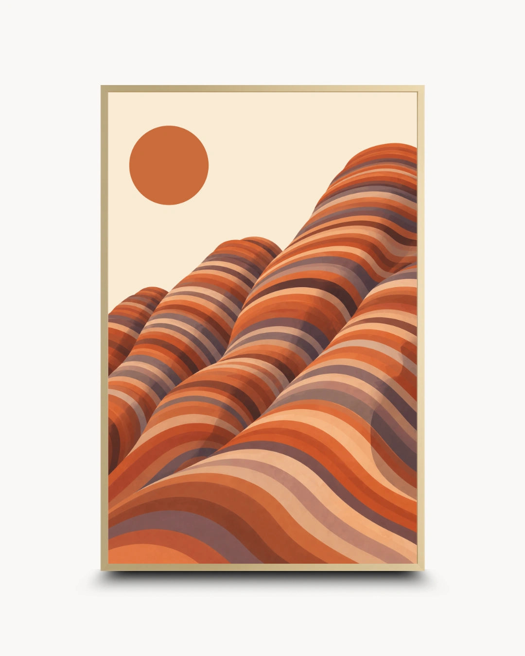 Minimalist abstract landscape wall art featuring banded sandstone domes and a terracotta sun, presented in a frame.