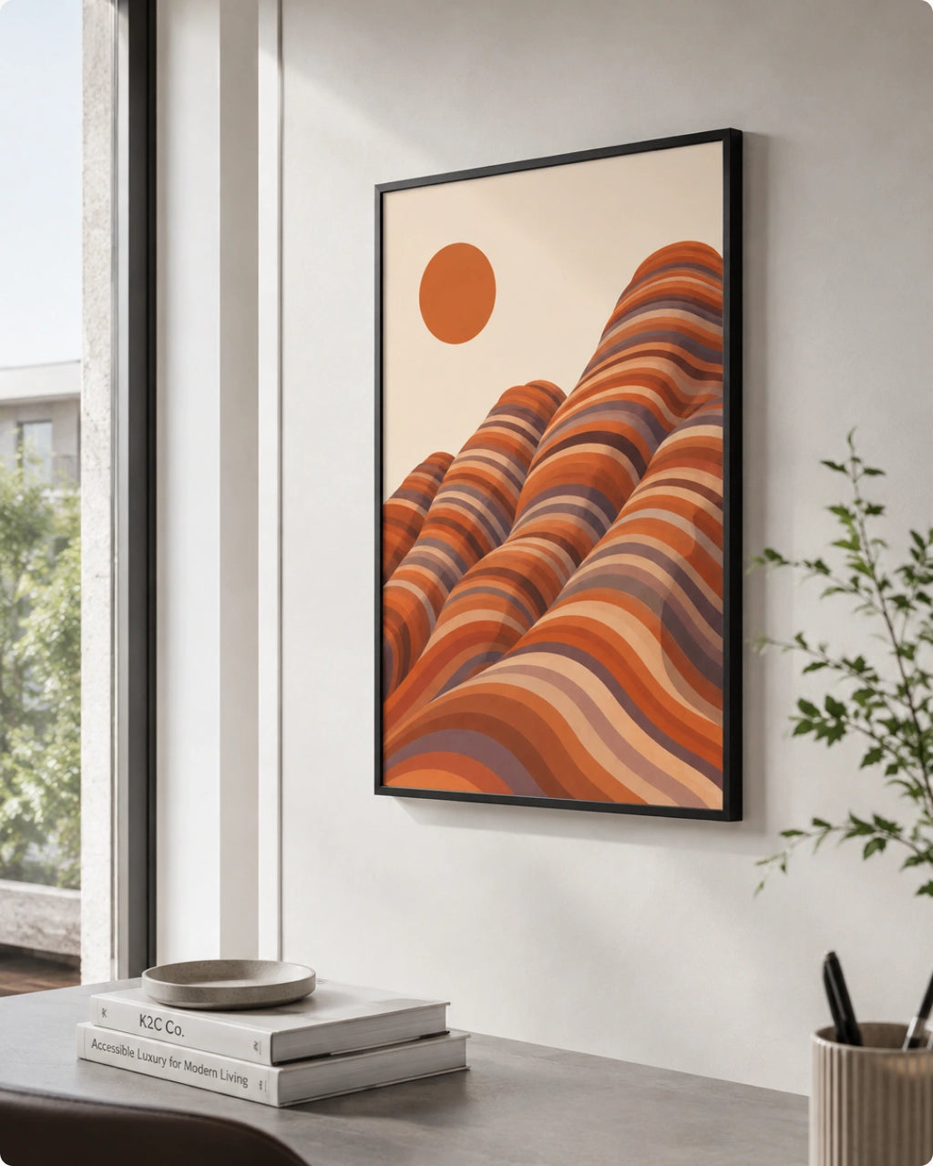 A framed art print featuring a stylized desert landscape with layered orange and brown hills under a tan sun, displayed on a white wall in a modern room setting.
