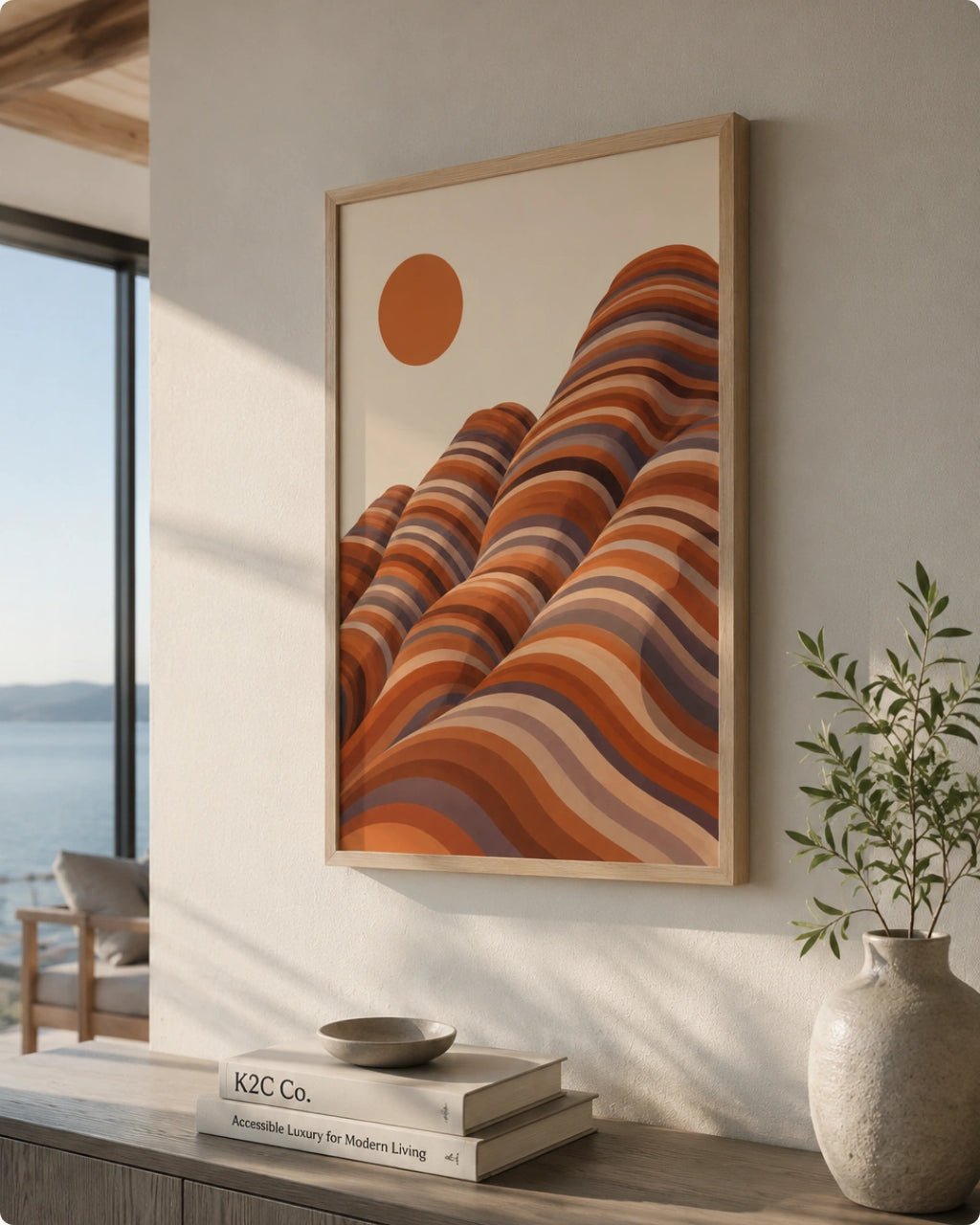 Framed abstract landscape wall art hanging on a light neutral wall in a styled interior. The artwork shows layered wavy hills in terracotta, rust, orange, tan, and muted purple tones with a simple orange sun shape.