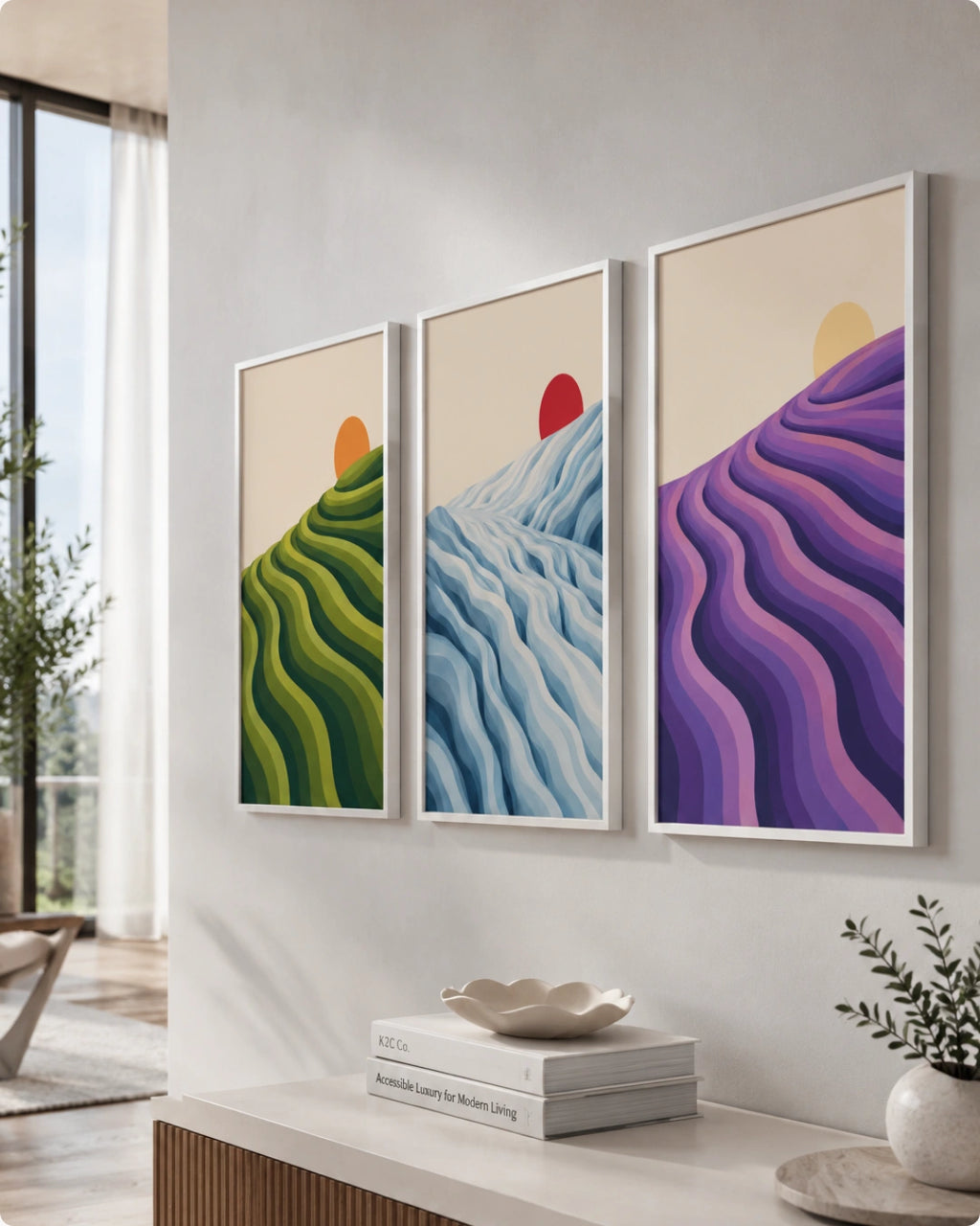 Lifestyle mockup of the 3 piece canvas art landscape in black frames styled above a sleek white media console in a bright room.