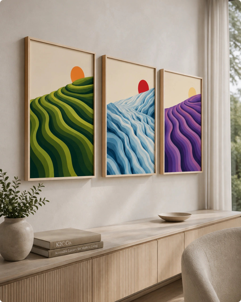 Three framed abstract landscape wall art prints hang above a light wood console in a modern interior. The left print shows green rolling hills with a small orange sun, the center shows blue and white wavy hills with a red sun, and the right shows purple wavy hills with a yellow sun.
