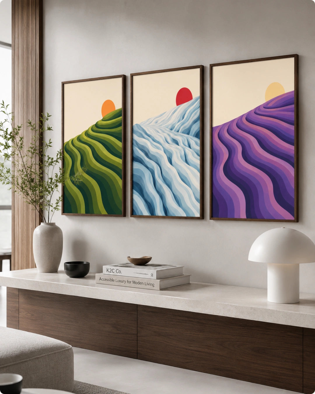 Three framed abstract landscape wall art prints hang above a console table in a modern living room. The artwork depicts stylized rolling hills in green, blue, and purple with sun motifs, and the room includes a vase, books, and a white table lamp.