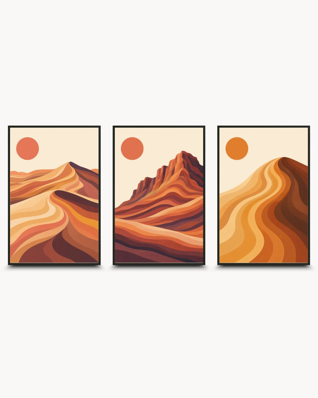 Minimalist abstract landscape wall art triptych featuring sand dunes and rock formations from the Sahara, Wadi Rum, and Rajasthan, presented in frames.