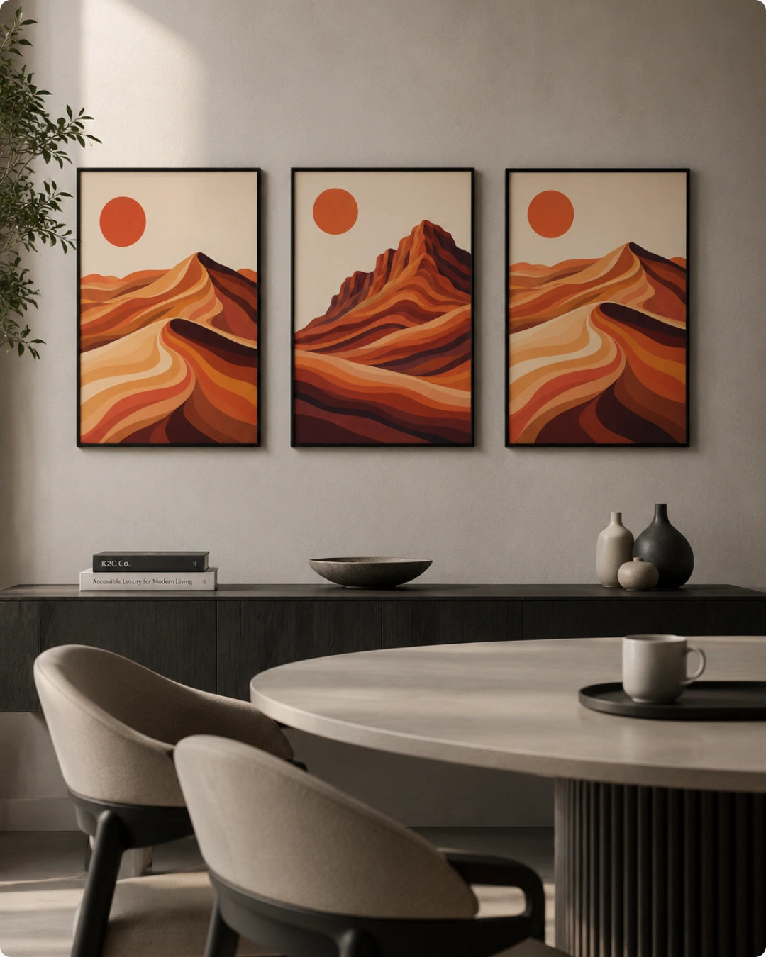 A three-panel framed wall art set hangs above a dark console table in a modern dining room. Each panel shows an abstract desert landscape with layered orange and brown hills under a muted orange sun on a cream background.