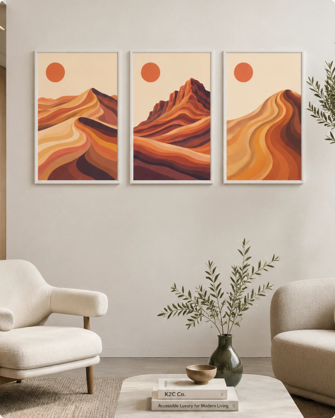 Minimalist abstract landscape wall art triptych featuring sand dunes and rock formations from the Sahara, Wadi Rum, and Rajasthan, presented in frames.