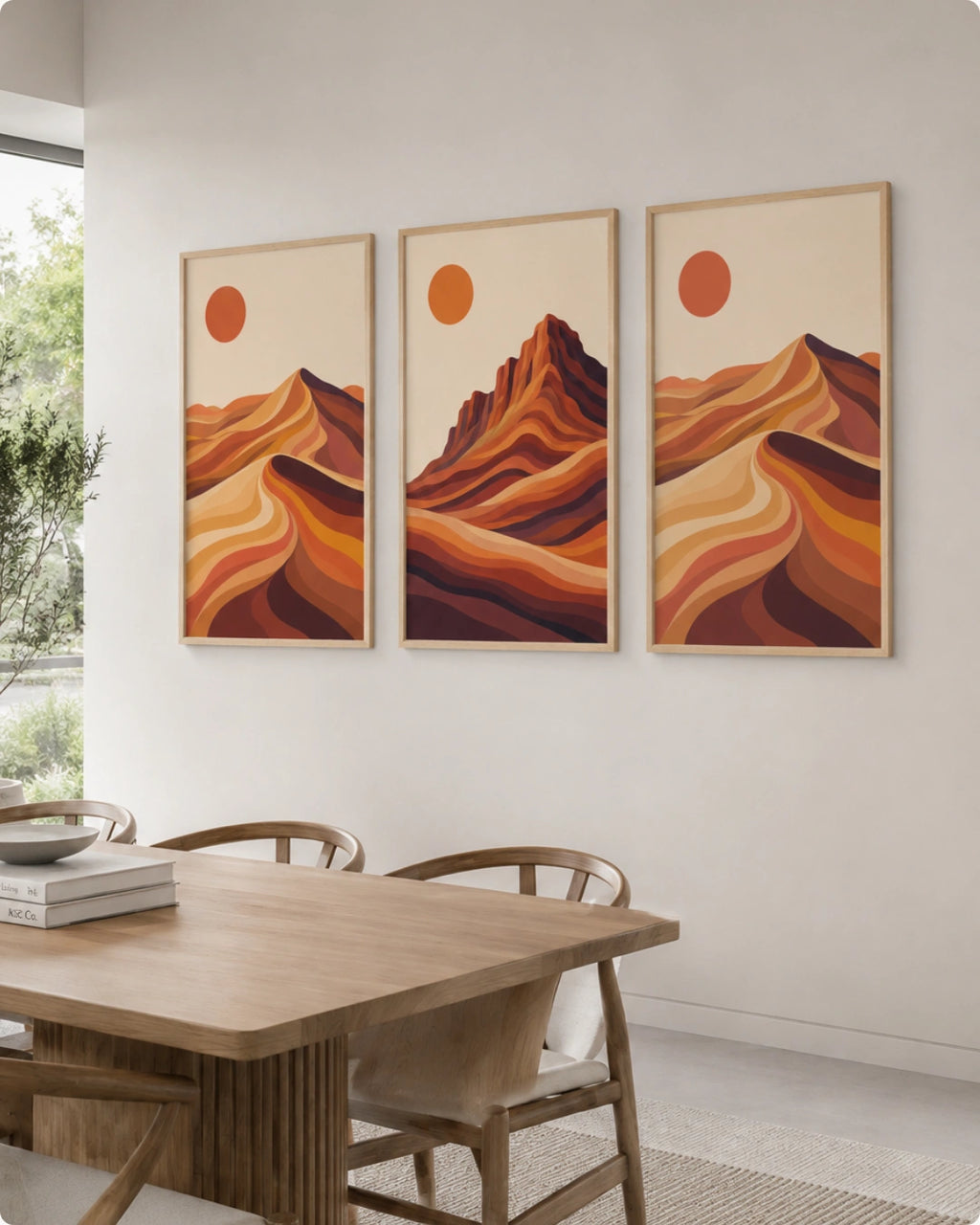 Lifestyle mockup of the 3 piece landscape wall art in maple frames displayed near a solid wood dining table in a sunlit room.