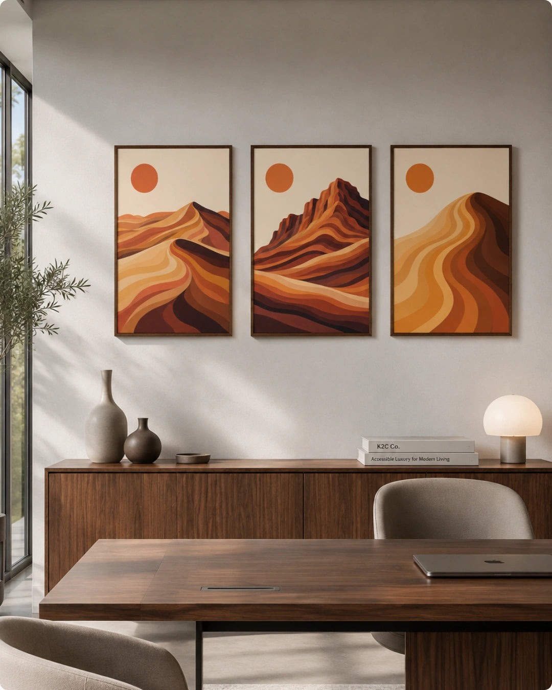 Lifestyle mockup of the 3 panel landscape paintings in walnut frames styled above a sleek wooden desk in a warm minimalist office.