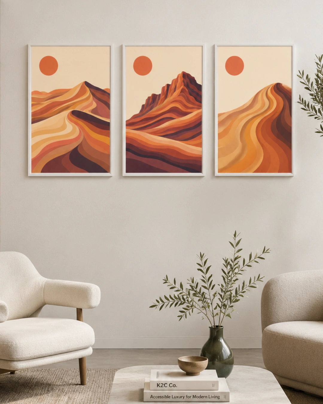 Alternate lifestyle interior mockup of the triptych minimalist landscape in white frames hung above a low cream sofa in a bright, airy living space.
