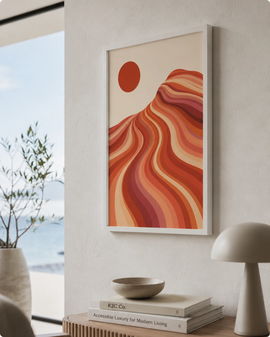 A framed abstract art print featuring wavy orange, red, and cream mountain-like lines with a red sun, displayed on a light wall in a modern interior setting.