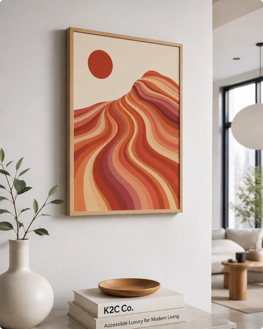 Framed abstract landscape wall art hanging on a white wall in a modern living room. The artwork features layered wavy hills in warm orange, red, and peach tones with a solid orange sun on a cream background, enclosed in a light wood frame.