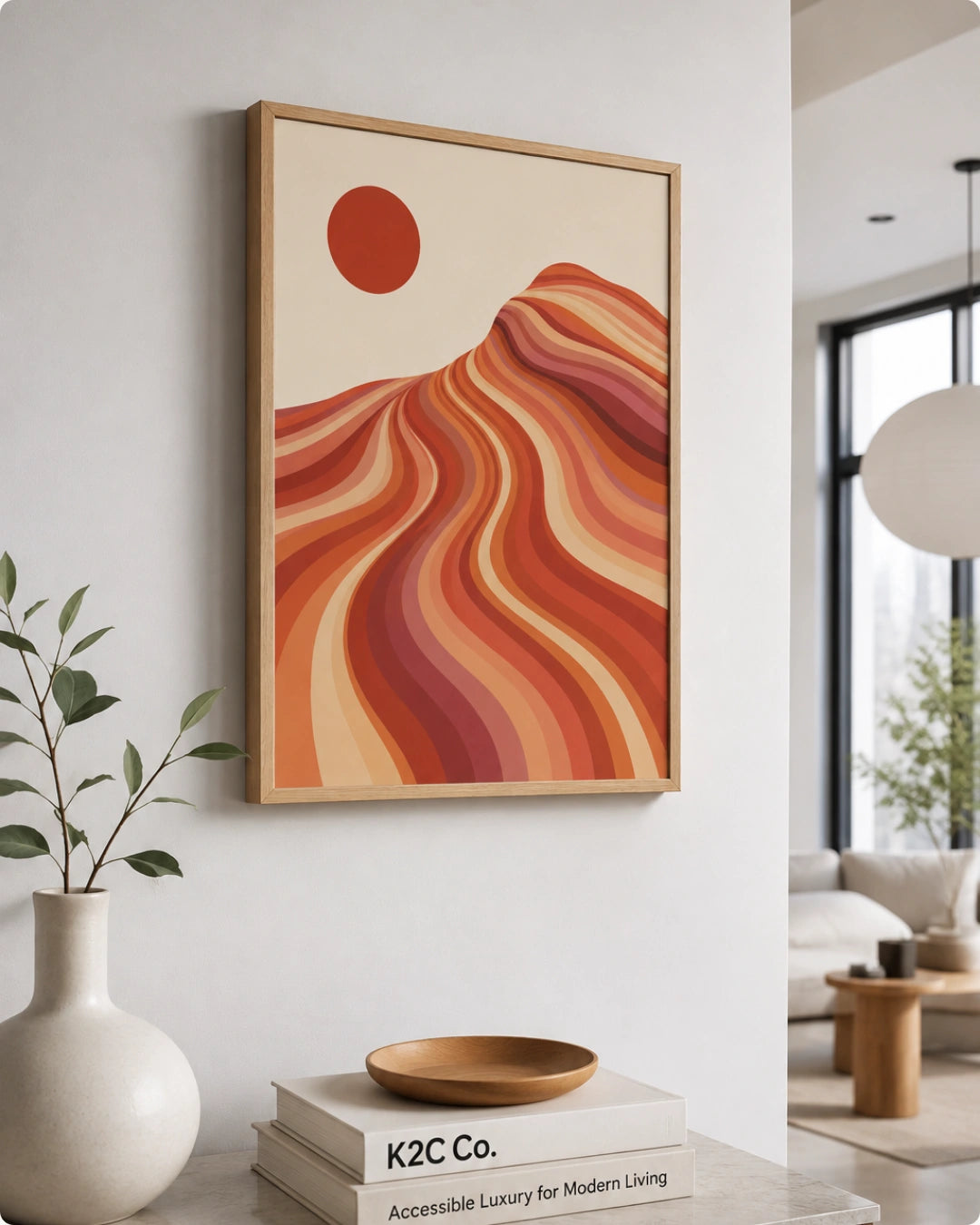 Framed abstract landscape wall art hanging on a white wall in a modern living room. The artwork features layered wavy hills in warm orange, red, and peach tones with a solid orange sun on a cream background, enclosed in a light wood frame.