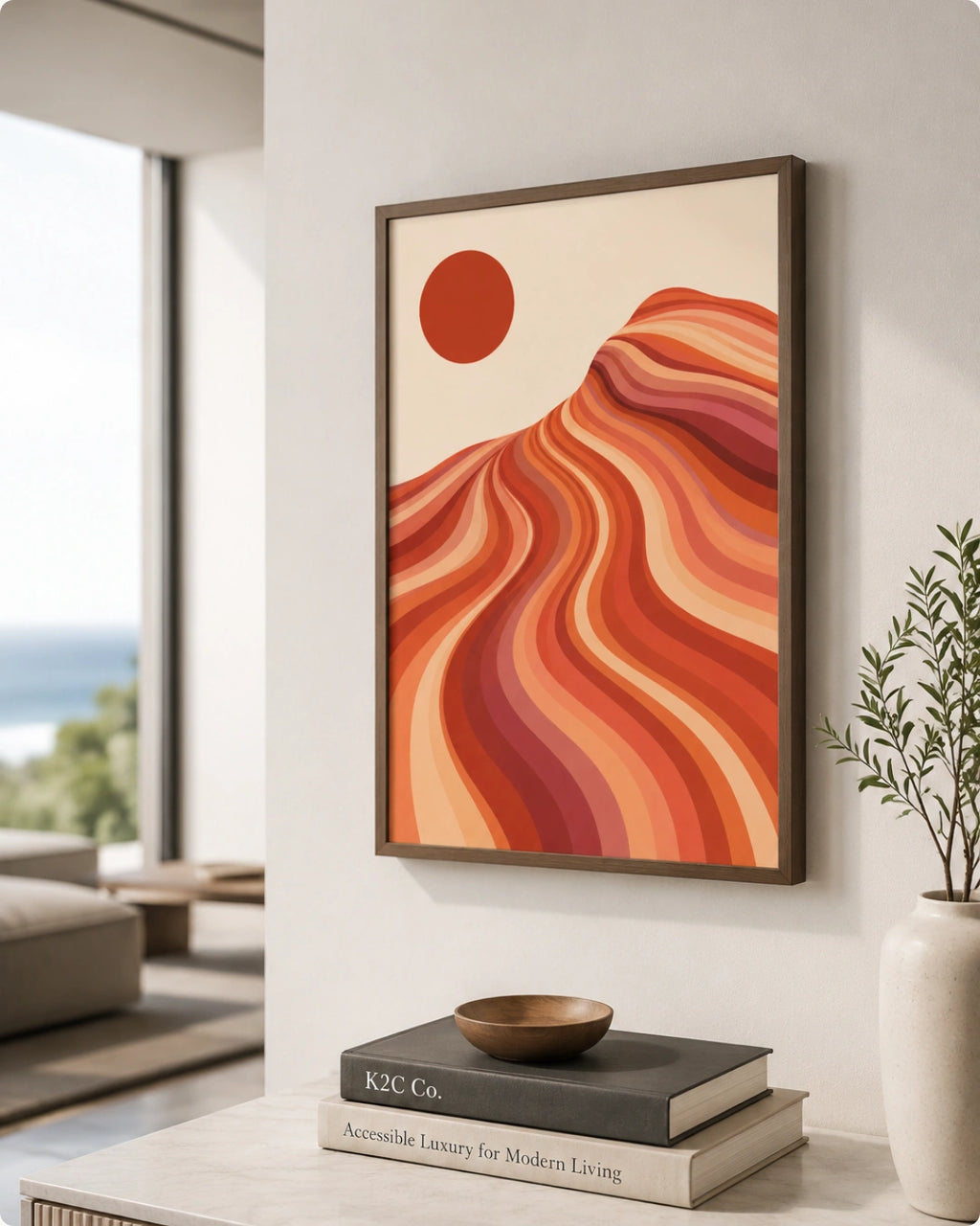 Lifestyle mockup of the southwestern desert wall decor in a black frame styled above a light wooden sideboard in a modern room.