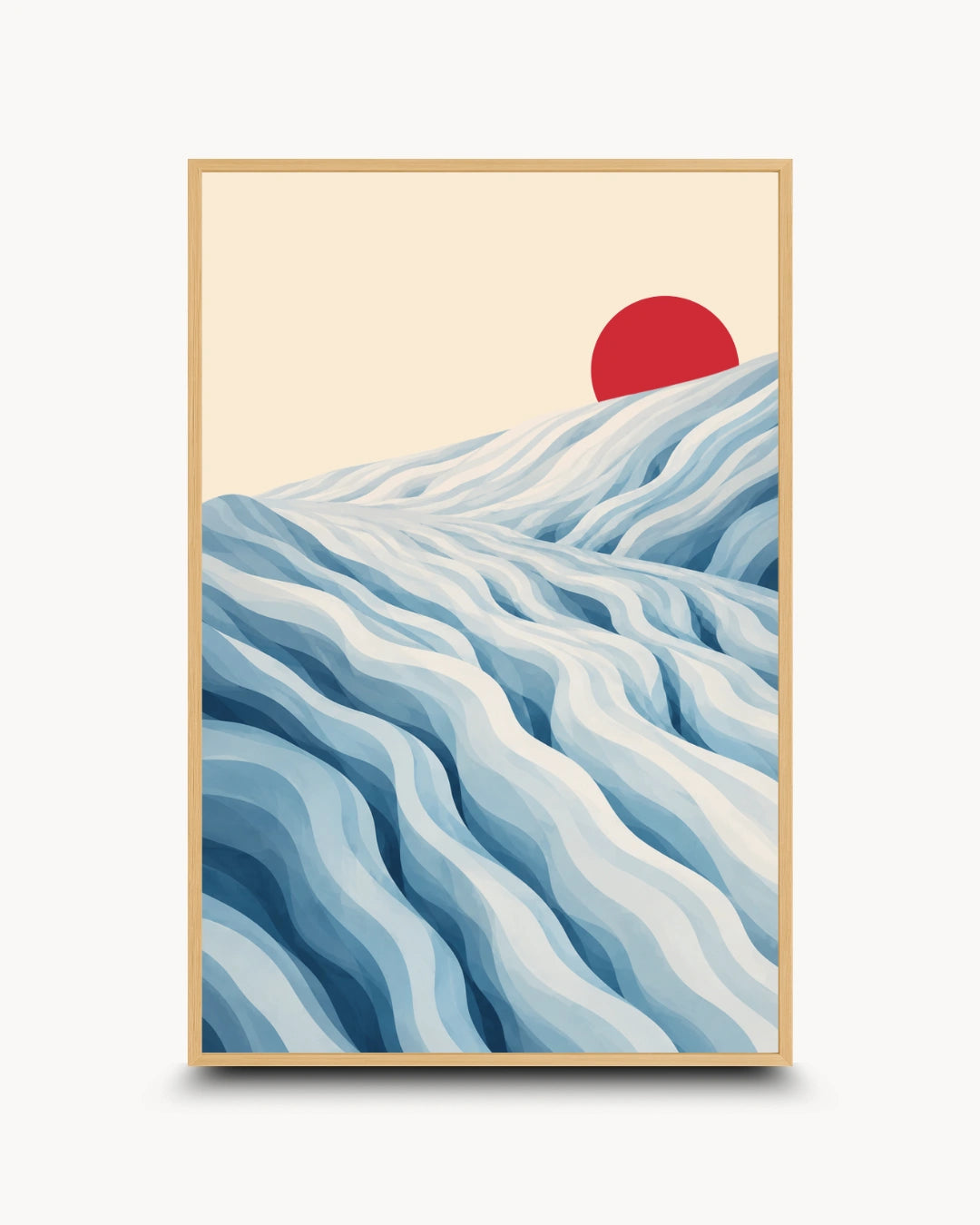 A framed art print featuring a stylized landscape with layered blue and white wavy hills under a pale cream sky and a red sun, shown against a light gray background.