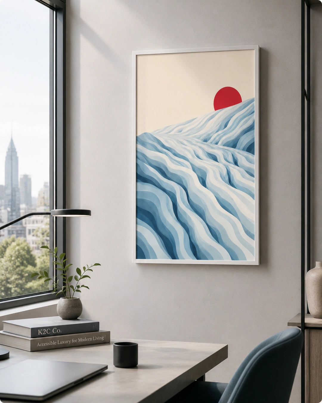 A framed abstract art print featuring blue wavy lines and a red sun on a cream background, displayed on a light gray wall in a modern office setting.