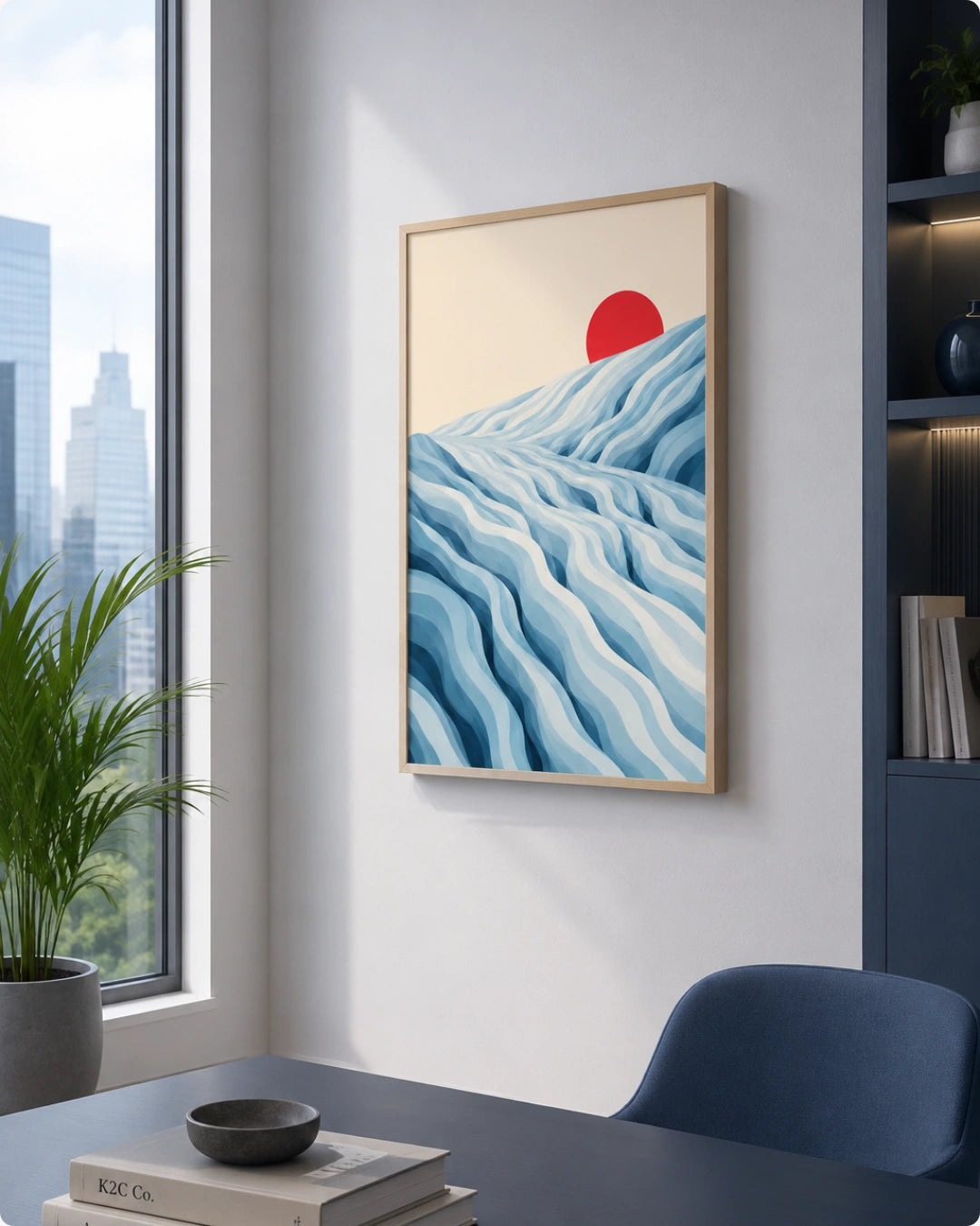 A framed art print featuring a stylized blue wave pattern with a red sun on a cream background, hanging on a white wall in a modern room setting.