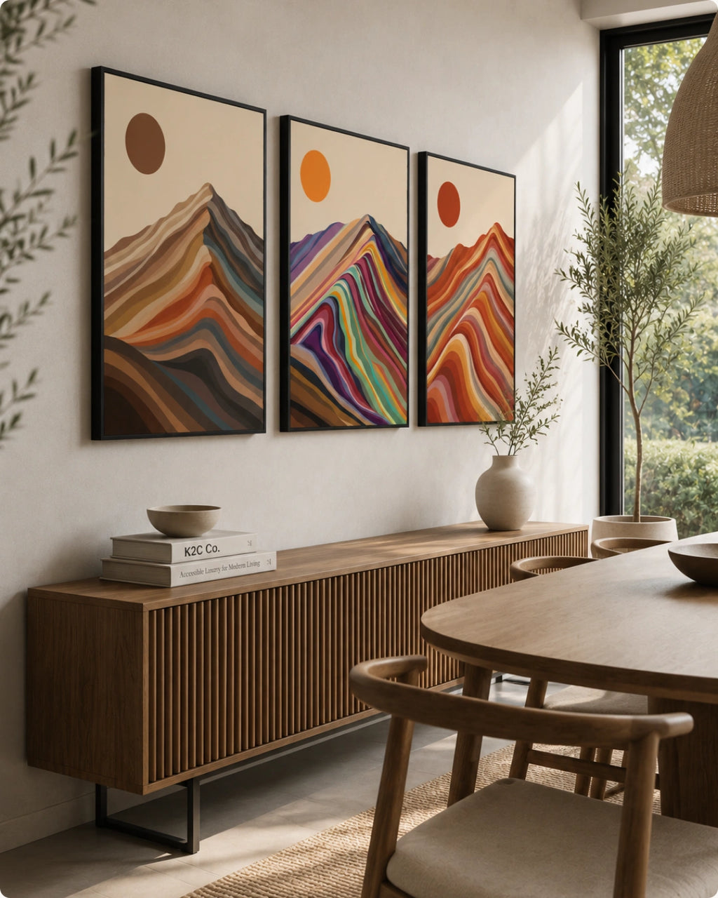 Lifestyle mockup of the 3 piece landscape wall art in black frames styled above a wooden ribbed sideboard in a dining space.