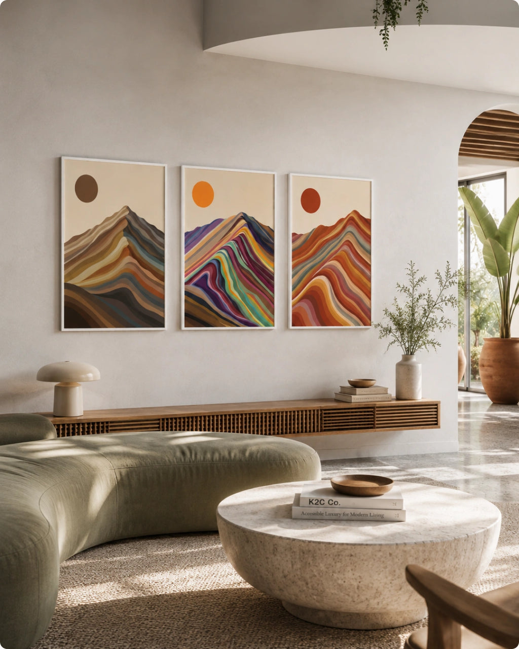 Lifestyle mockup of the 3 piece landscape wall art in black frames styled above a wooden ribbed sideboard in a dining space.