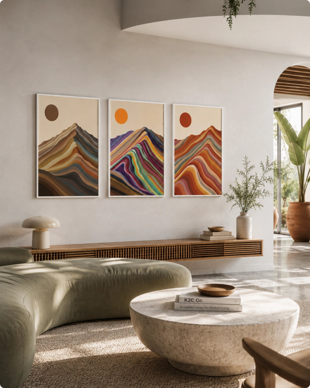 Lifestyle mockup of the 3 piece landscape wall art in black frames styled above a wooden ribbed sideboard in a dining space.